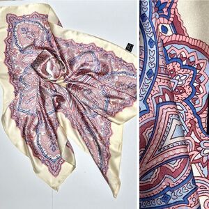 Vintage Ray Strauss Silk Square Scarf Ivory  Blue Pink Paisley Japan 35x35”